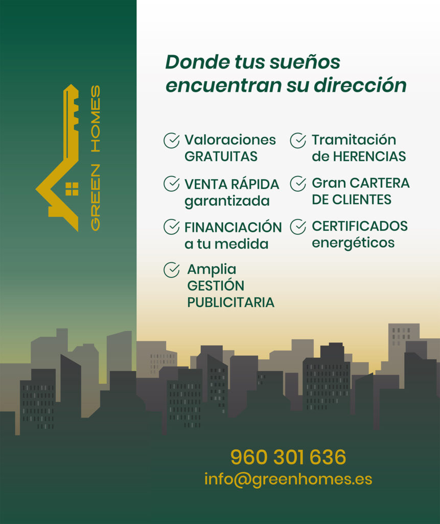 Diseño gráfico de Green Homes con listado de servicios inmobiliarios, contacto y eslogan corporativo sobre fondo urbano.