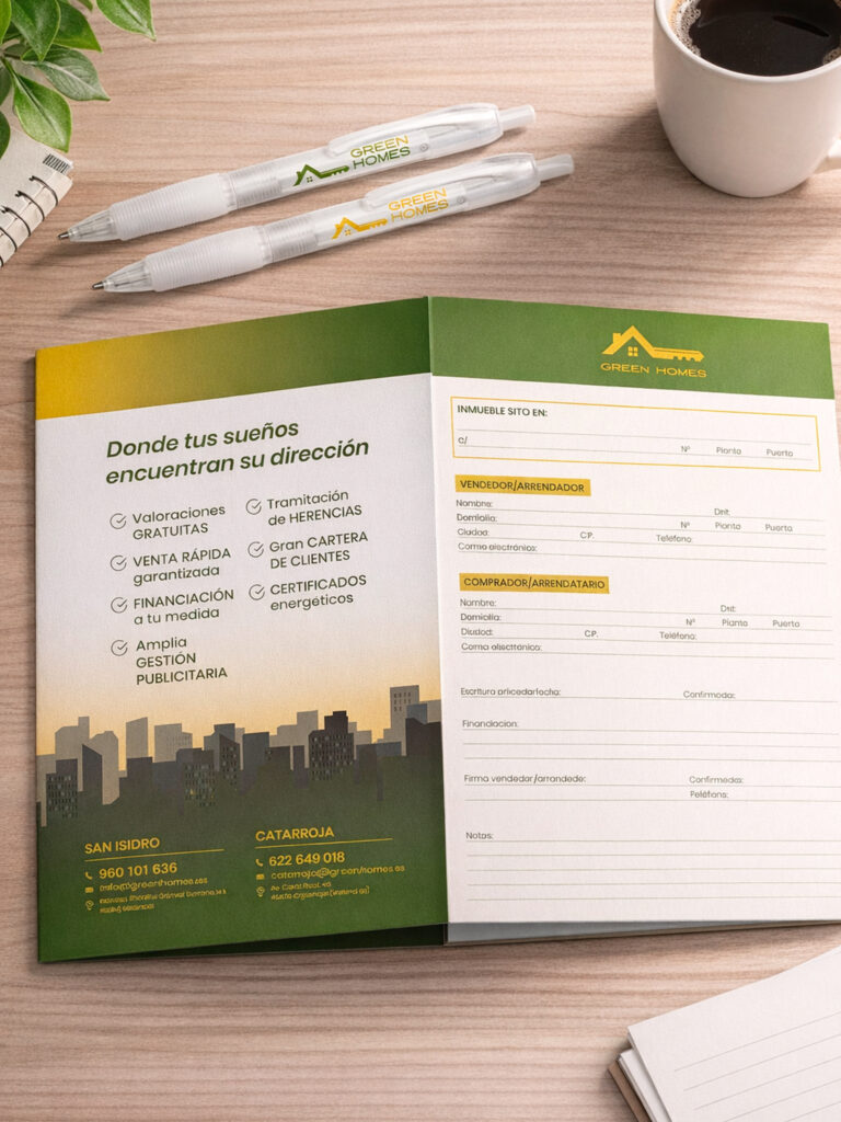Diseño de las carpetas y bolígrafos para Green Homes