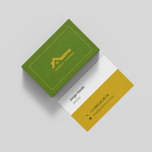 Tarjetas corporativas de Green Homes con identidad verde y amarilla