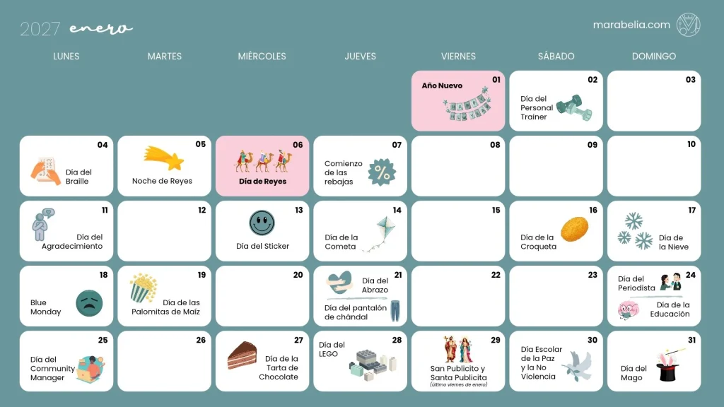 Calendario Community Manager 2027 de Marabelia, mes de enero, con fechas importantes para publicaciones en redes sociales