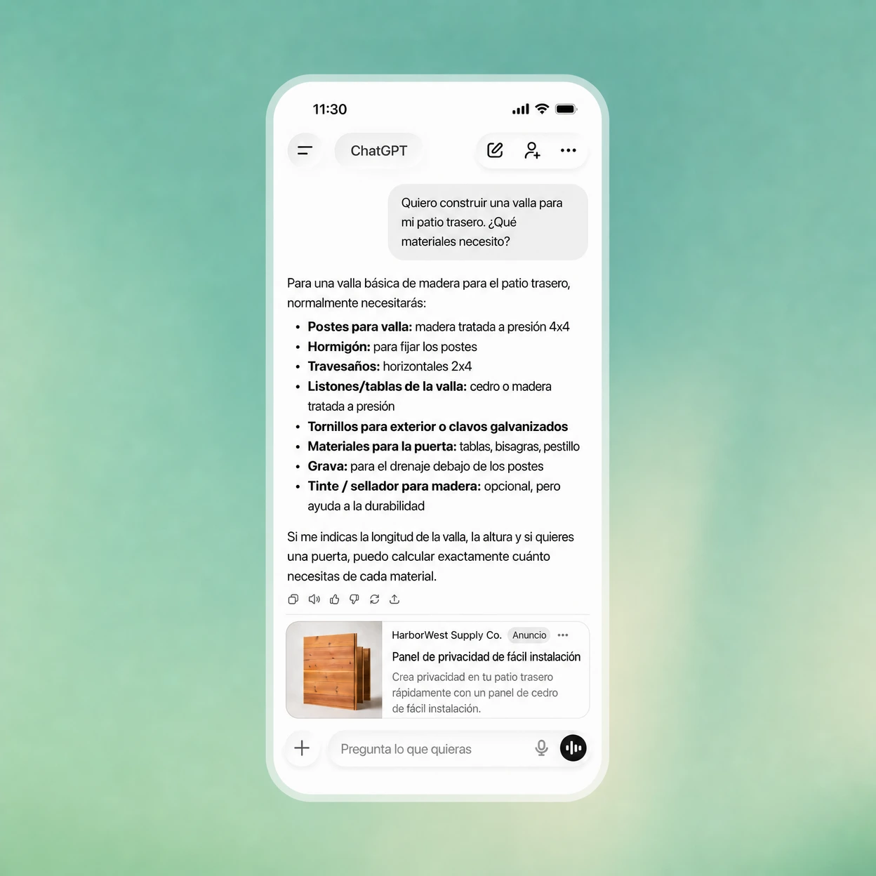 Ejemplo oficial en español de un anuncio separado de la respuesta de ChatGPT, mostrado debajo de una consulta sobre materiales para una valla.