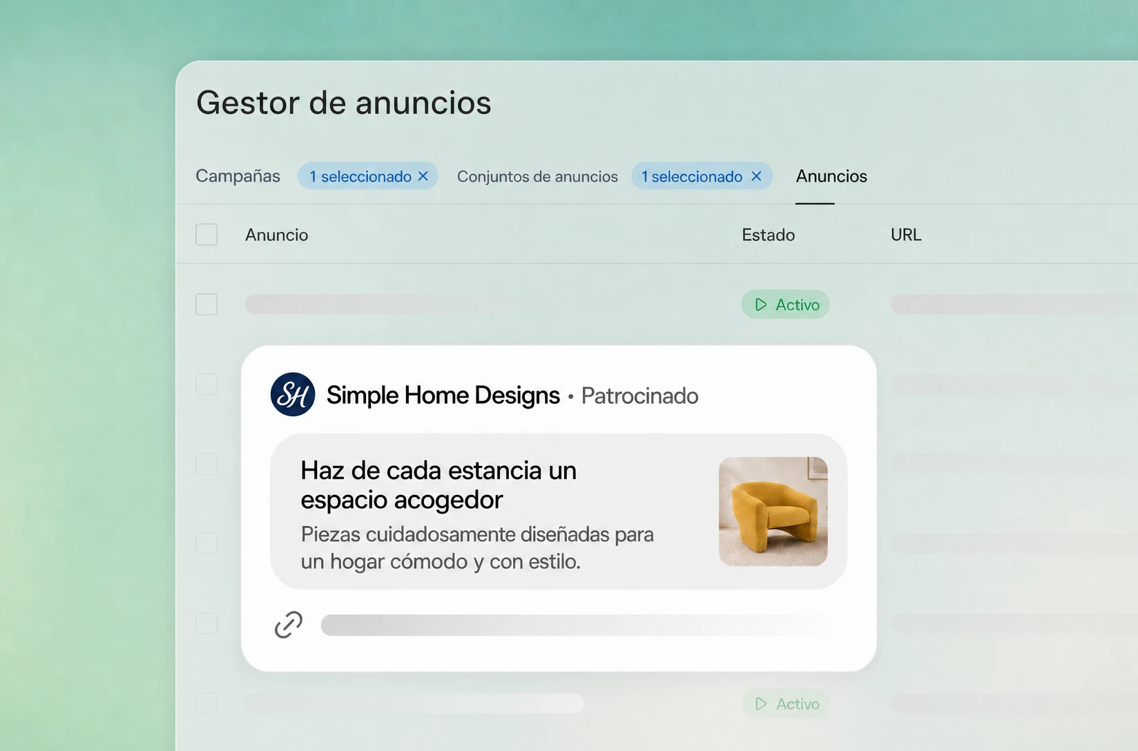 Vista previa de un anuncio patrocinado de Simple Home Designs dentro del gestor de anuncios de ChatGPT.