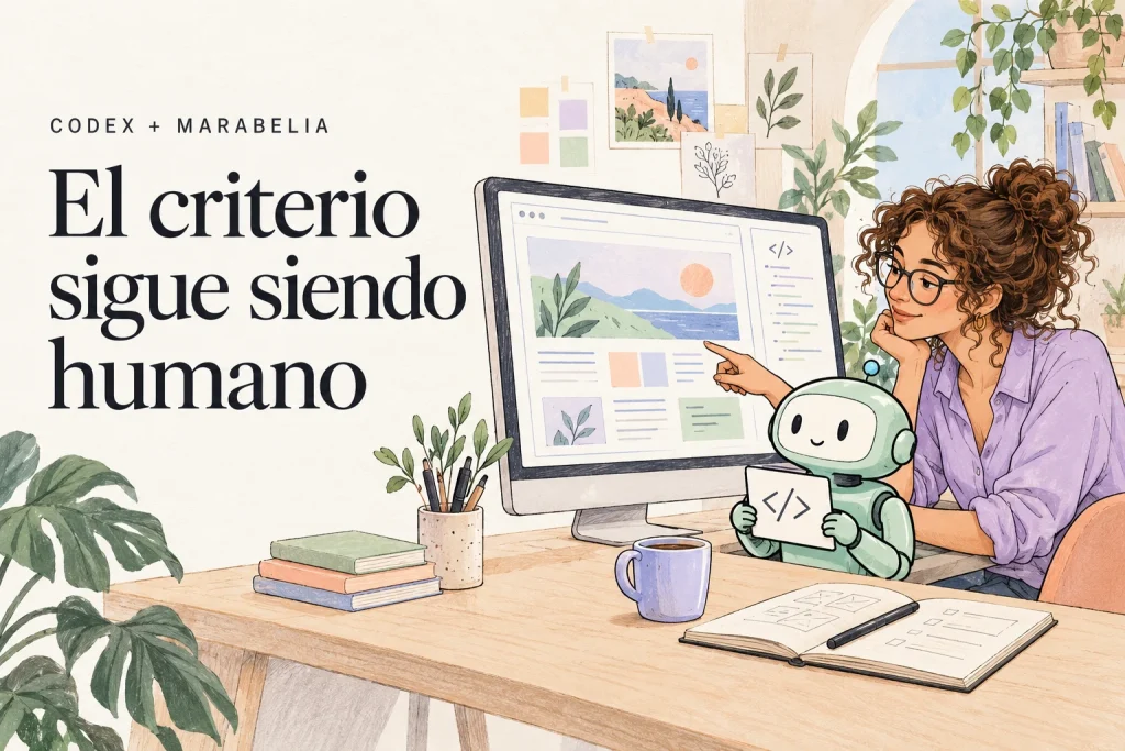 Ilustración de una profesional que revisa el diseño de una web junto a un asistente de IA, con el texto El criterio sigue siendo humano.