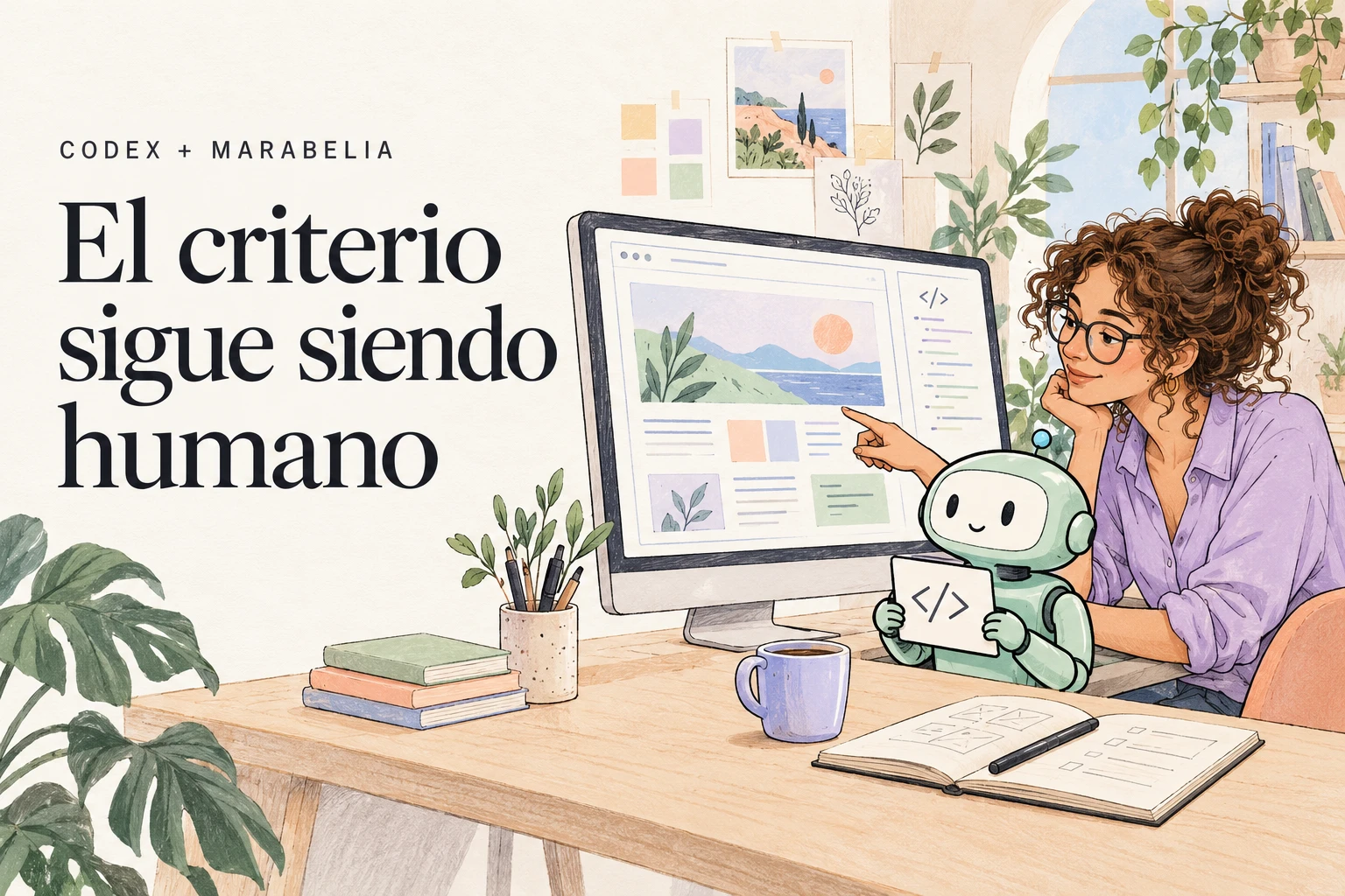 Ilustración de una profesional que revisa una web junto a un asistente de IA, con el texto El criterio sigue siendo humano.