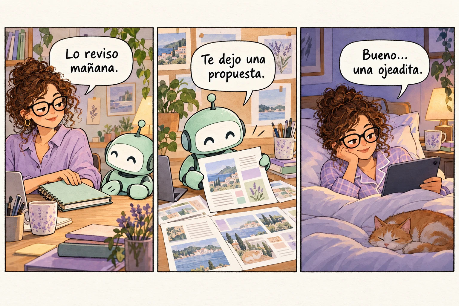 Viñeta de tres escenas: una profesional dice que revisará mañana una propuesta de su agente de IA y acaba leyéndola desde la cama.
