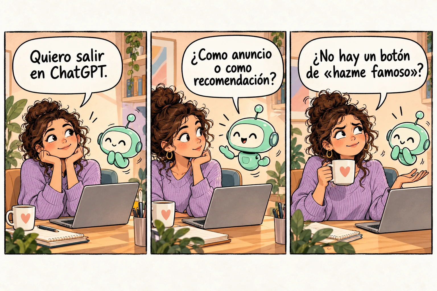 Viñeta de tres escenas: una empresaria quiere salir en ChatGPT, un asistente distingue anuncio y recomendación y ella pregunta si hay un botón de hazme famoso.
