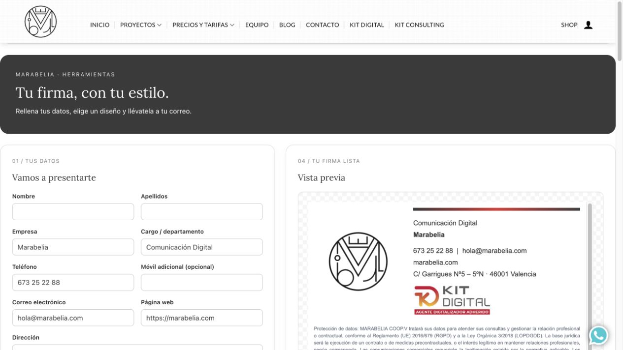 Generador de firmas para email gratis de Marabelia: formulario de datos y vista previa